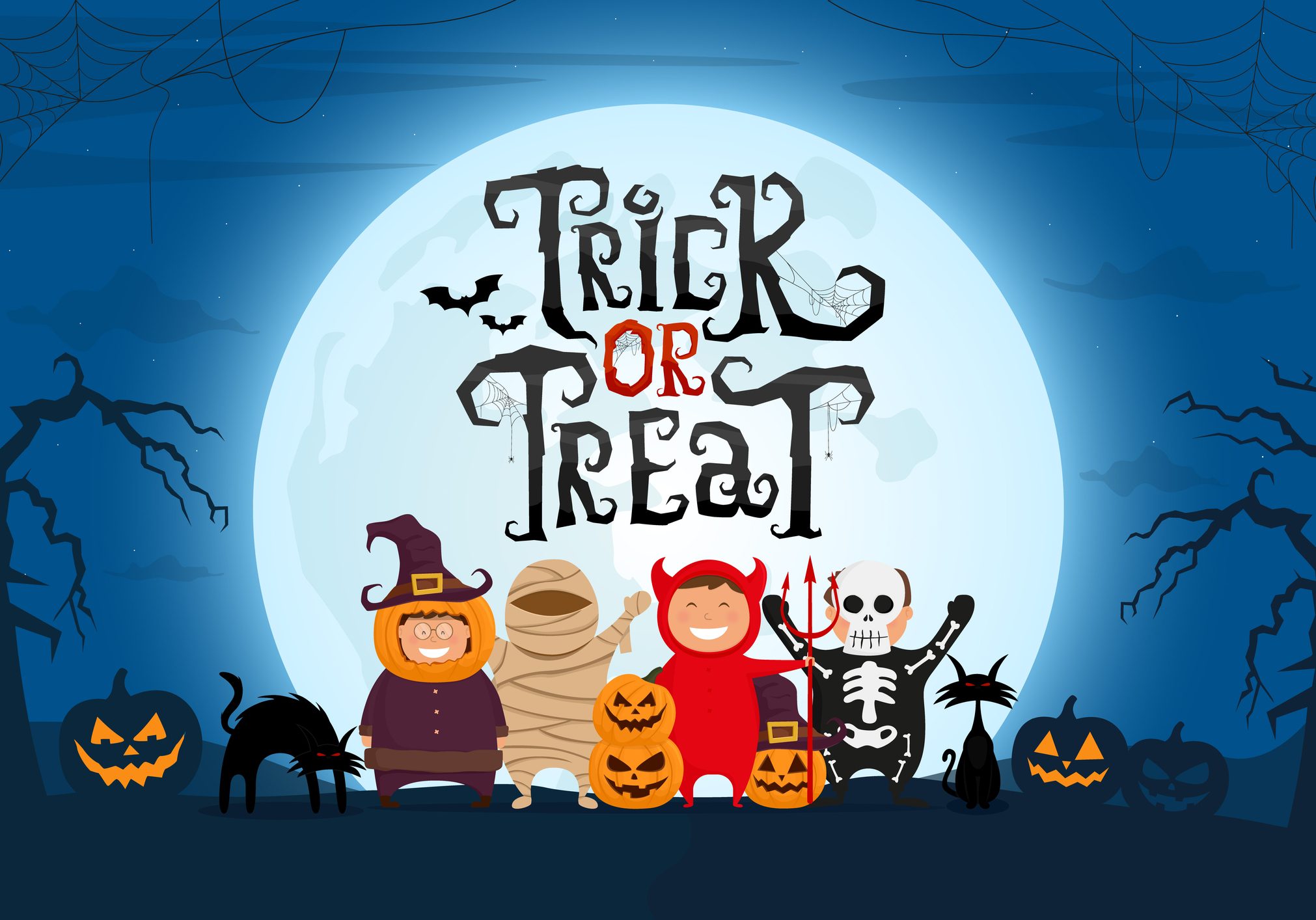 Trick or Treat scary text with kids in Halloween costume on spooky night landscape under moonlight. Vector illustration.