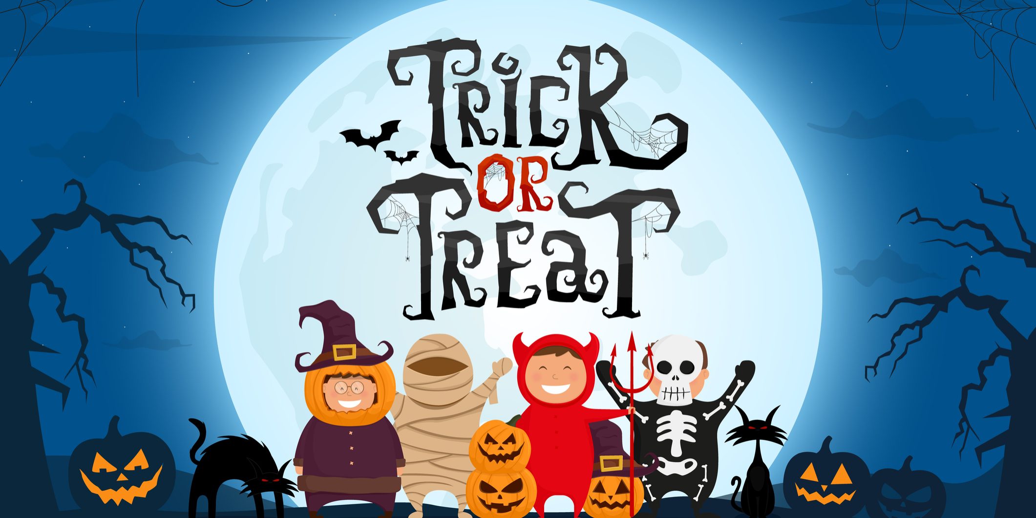 Trick or Treat scary text with kids in Halloween costume on spooky night landscape under moonlight. Vector illustration.