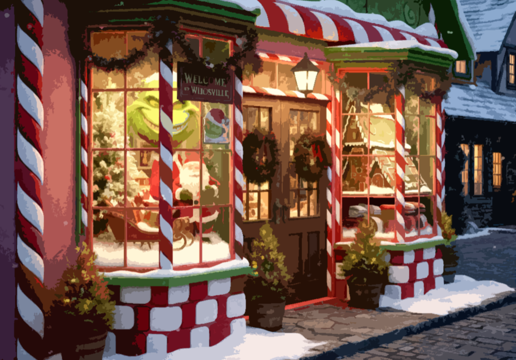 grinch themed holiday window display