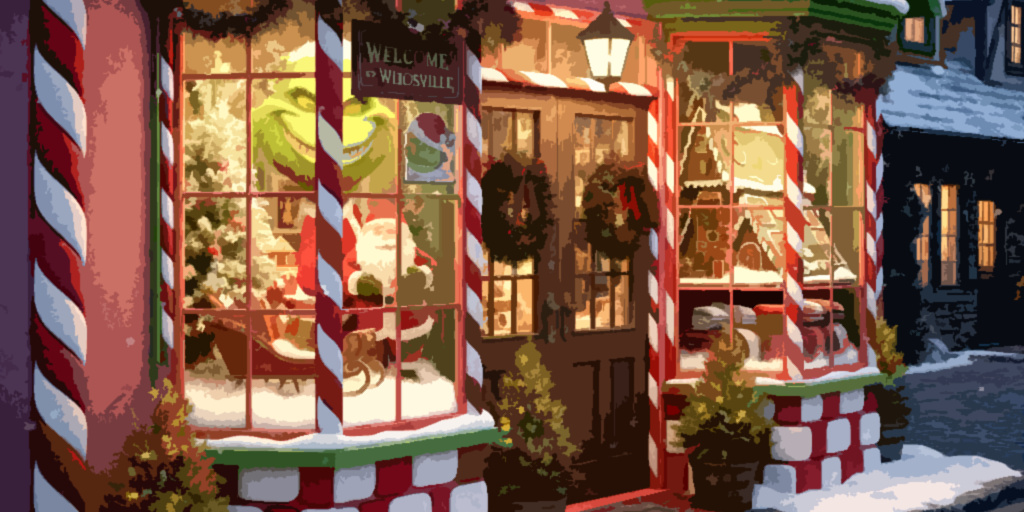 grinch themed holiday window display